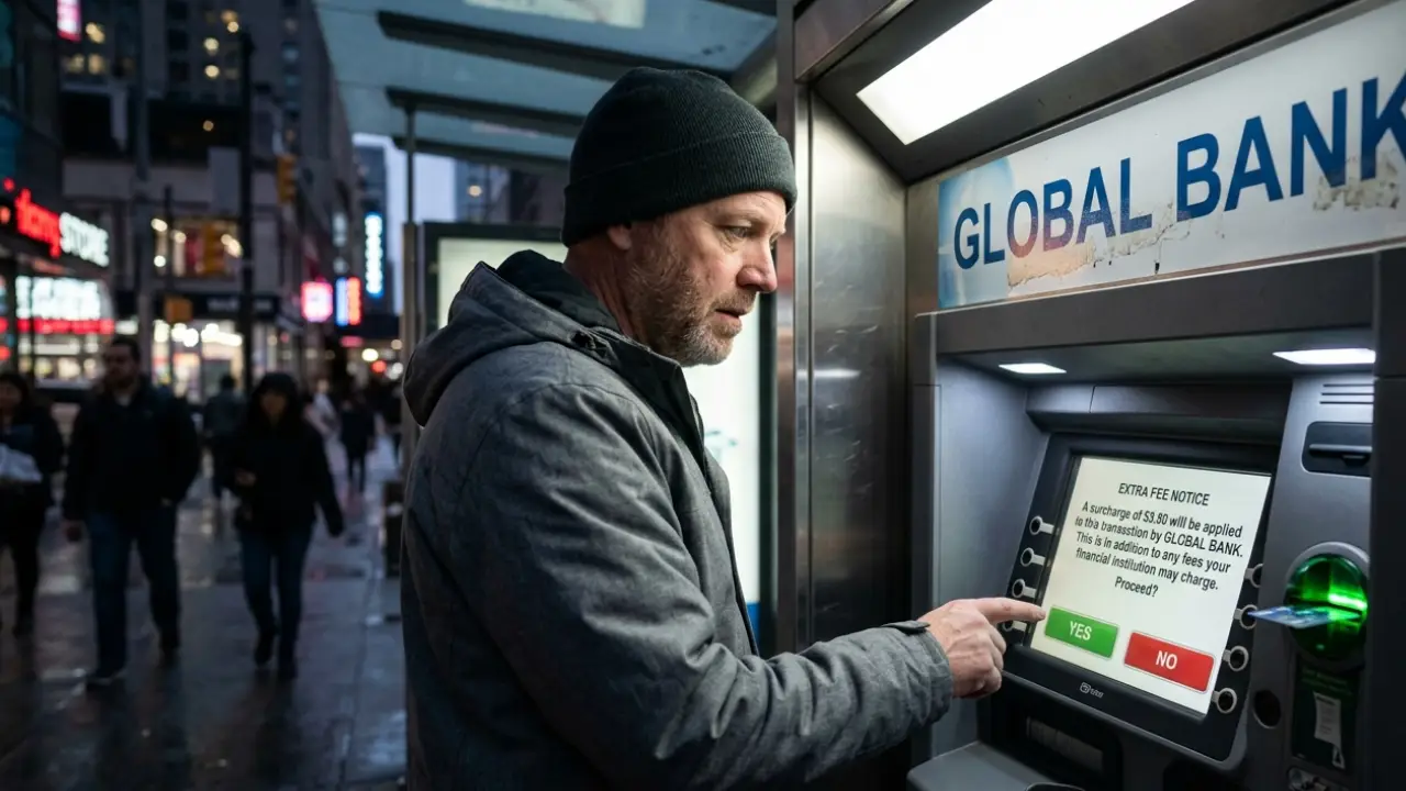A traveller at a street ATM facing an on-screen notice that the machine will add its own surcharge on top of whatever his own bank charges.